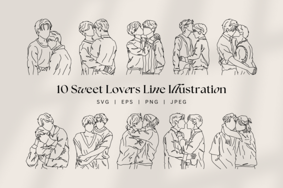 Boys Love Line Art Gay Kiss and Hug