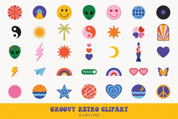 Groovy 60s, 70s Retro Clipart PNG Set